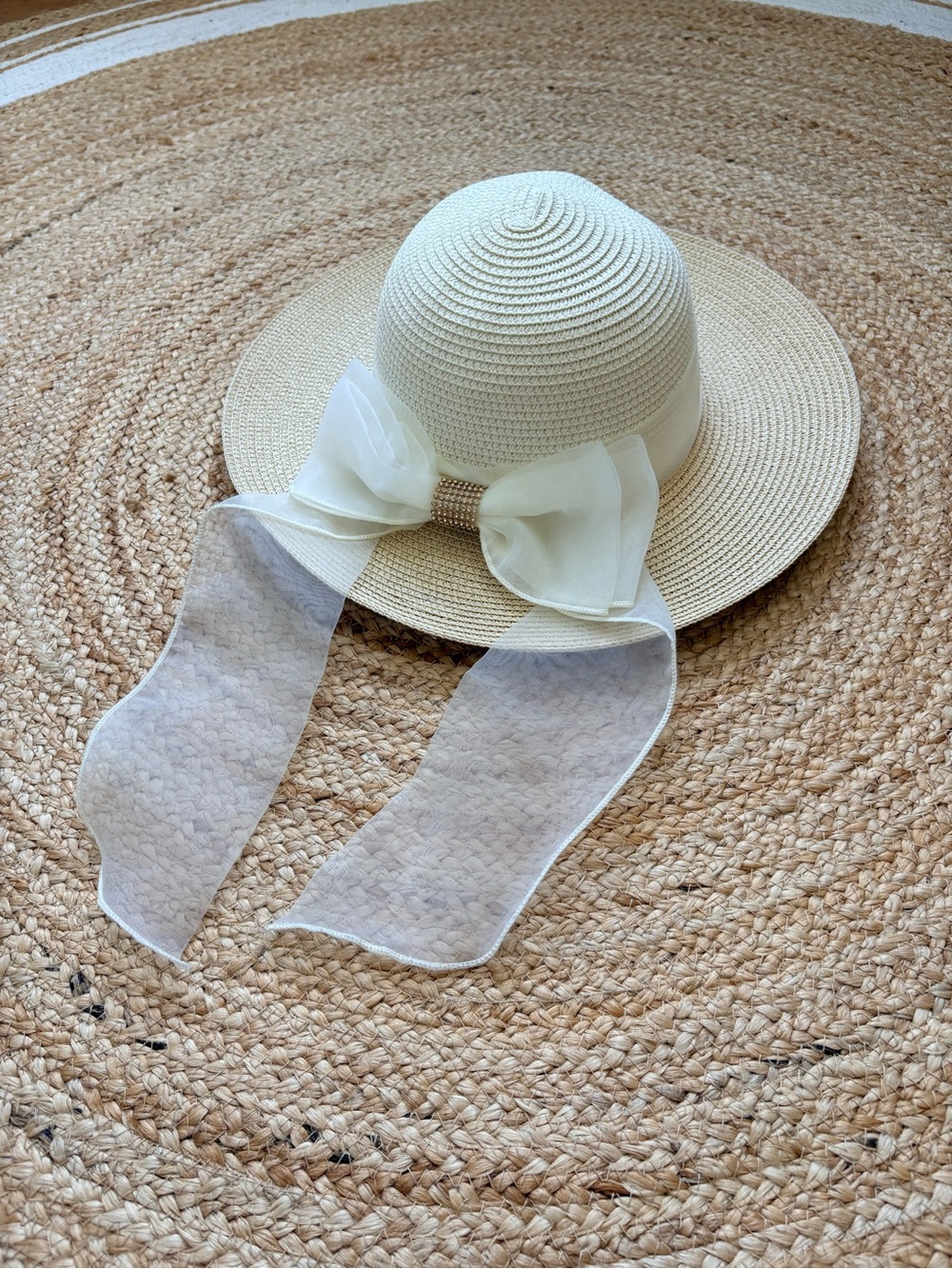 Milani Cream Straw Sun Hat with Sheer Organza Bow